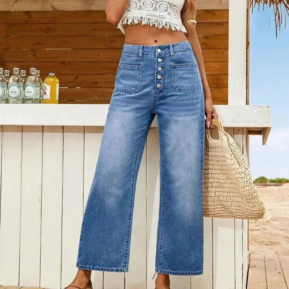 Medium Wash Casual Women's Loose Fitting Straight Leg Casual Blue Denim Jeans